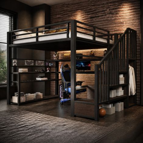 Metall-Hochbett 140x200 mit Schreibtisch, Kleiderschrank und Stauraum, schwarz HAVRYA (1/5)