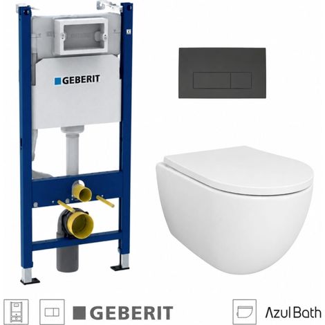 Pack WC Bastidor empotrado GEBERIT Duofix cisterna y pulsador Delta 50 negro mate con inodoro suspendido SWISS 53 cm Tornado y Soft-Close de Azul Bath (1/5)