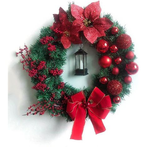 Couronne De Noël Artificielle Fleurs Rouges 43cm Décoration Porte Mur Cheminée Intérieur Extérieur (1/5)