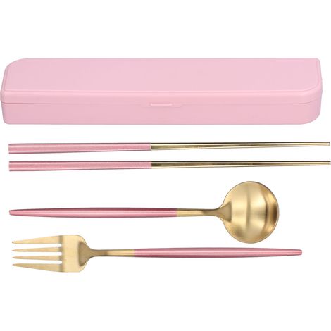 Ensemble de couverts de voyage 3 pièces en acier inoxydable : cuillère, fourchette et baguettes avec boîte de rangement rose or (1/5)