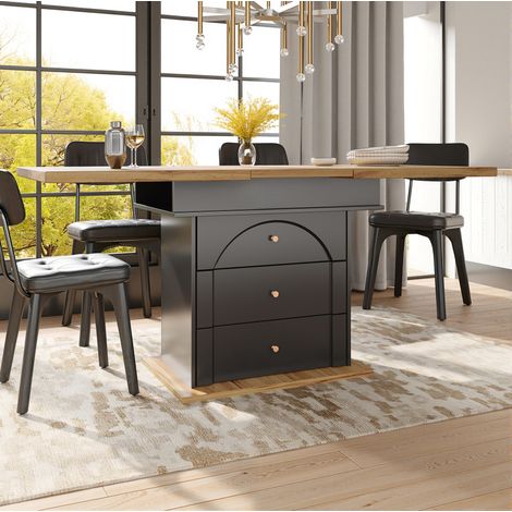 Mesa extensible 110-140 x 80 cm con almacenamiento, 4-6 personas, negro y madera DESVIAE (1/5)