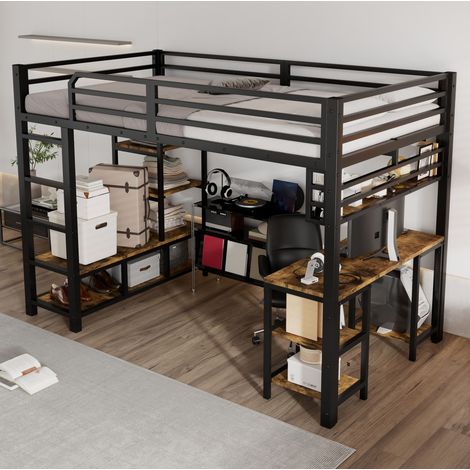 Letto a soppalco 120x200 cm nero e noce scuro, metallo e legno con scrivania (1/5)