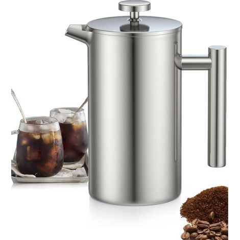 Cafetera de émbolo de acero inoxidable de 1 litro con triple filtro, función para mantener caliente y pistón de acero inoxidable. (1/4)