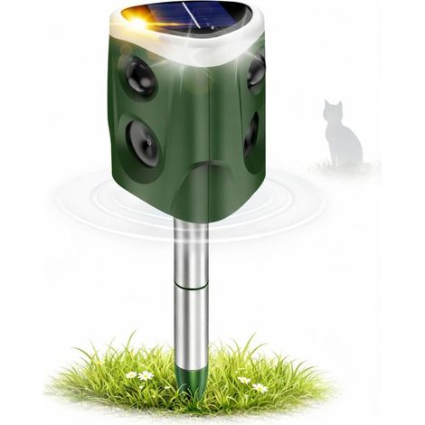 Répulsif à ultrasons pour animaux de jardin et extérieur – Solaire et USB, répulsif à 360° pour chats et martres avec 3 capteurs PIR, 5 modes, alarme et flash LED, étanche IP66 (1/5)