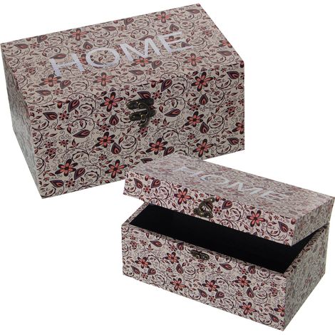 Lot de 2 Boites Décorées Dm Bois/Toile Polyester -Maison- 30X18X15+24X14X12 Cm (1/2)