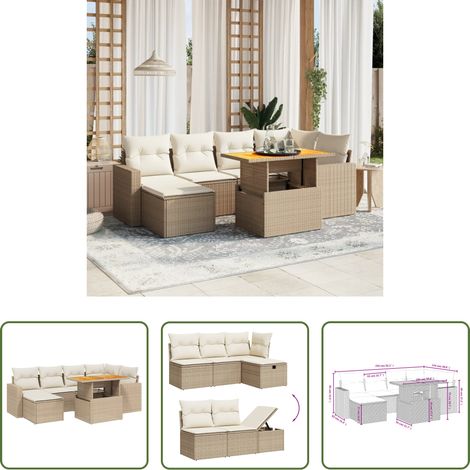 vidaXL Gartentisch mit Bezug - 7-tlg. Garten-Sofagarnitur mit Kissen Beige Poly Rattan (1/5)