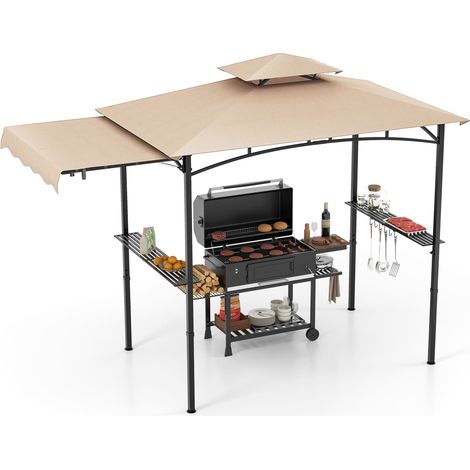 COSTWAY 318x153cm Grill Gazebo Outdoor Barbecue Canopy Tent w/Side Awning-Beige (1/5)