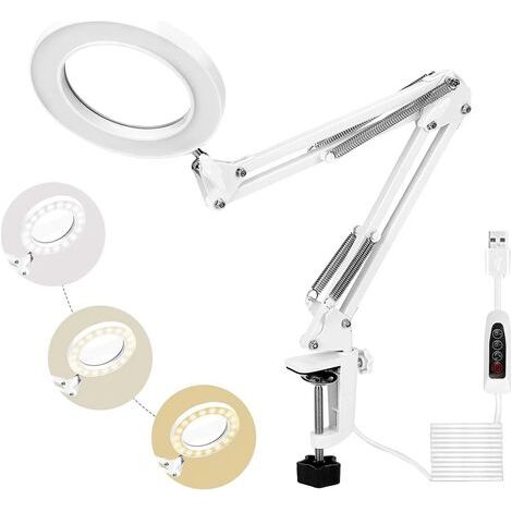 Lampe Loupe 72LED, 5X Loupe de Daylight Bureau avec Pince Métal Modes 3 Couleurs Dimmable pour Réparation l'artisanat,Couture, Lecture(Blanc)