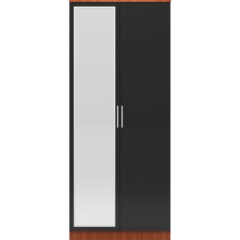 ELEGANT Modern High Gloss Wardrobe and Cabinet Furniture Set 2 Doors Wardrobe only, with Mirror, Black/Walnut