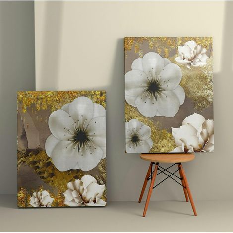 Tableau fleurs blanches – fond taupe et or (set de 2) (1/3)