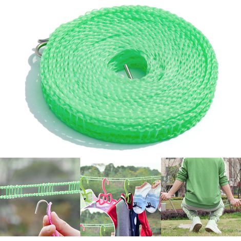 Corde à linge de 8 mètres en nylon résistant au vent et à charge soutenue, installation sans perçage, pour l'intérieur et l'extérieur (verte). (1/5)