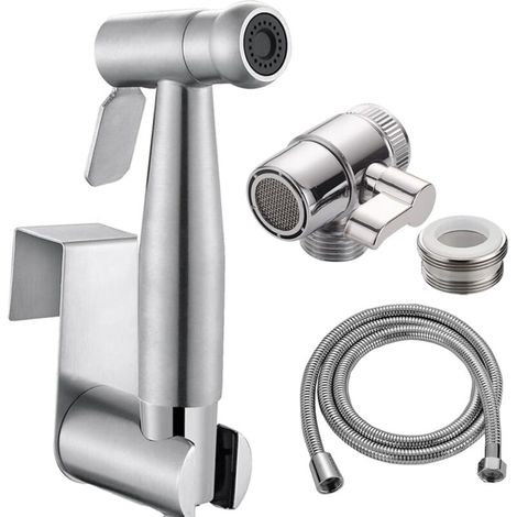 Home Handheld Bidet Ensemble de toilettes pour bébé avec vaporisateur de robinet, tuyau et raccord, Parfait pour Laver les Cheveux ou Nettoyer le Lavabo (Argent) (1/5)
