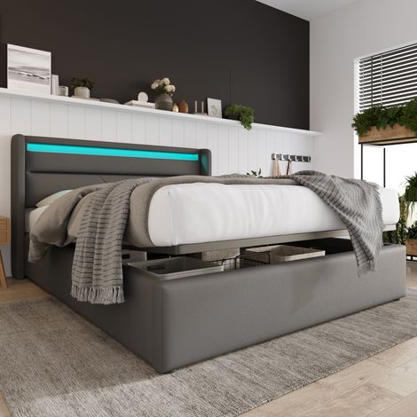 Lit coffre double en PU gris 160x200 cm avec LED intégrée, sommier à lattes relevable (1/5)