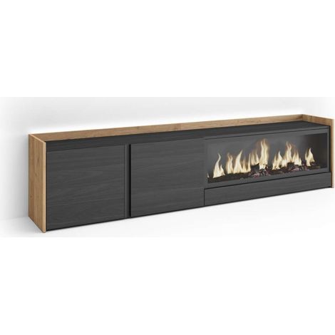 Mueble TV Moclinejo-01 de 212x50x35 cm con chimenea y luces LED, color negro y roble (1/4)