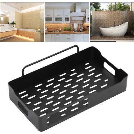 Étagère murale de rangement sans perçage, base en maille d'acier inoxydable avec 3 crochets, pour cuisine et salle de bain, noir (1/5)