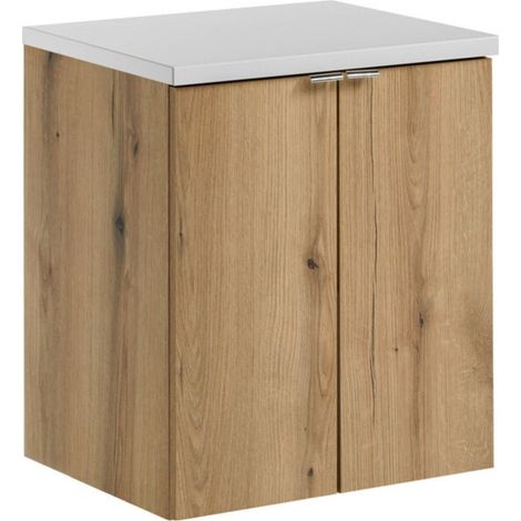 Set da bagno sospeso VANO in rovere e bianco 50cm: mobili sotto lavabo con armadietti + piano per lavabo