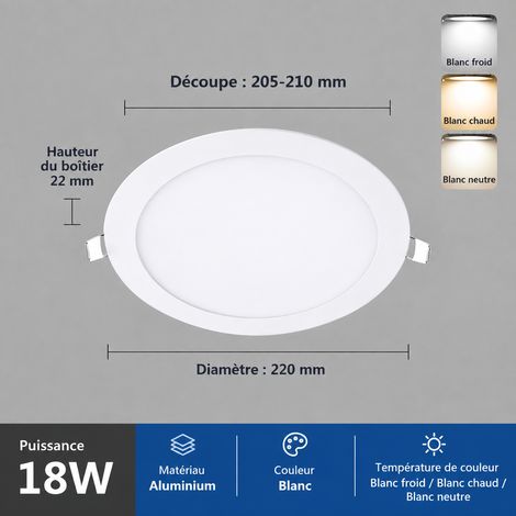 Panneau LED encastrable ultra-fin rond 18W 220mm 4000K 18w 220 205-210mm 4000k 15 g – Livraison gratuite
