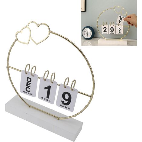 Ewiger Klappkalender mit LED-Beleuchtung, weißem herzförmigem Eisenrahmen, langlebige Bürodekoration (Set: Ständer + 26 Karten)