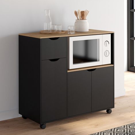 COSI Aparador XXL armario microondas con cajón de madera negra y estantes de haya L.90 cm