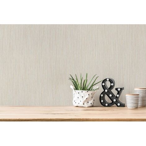 Papier peint intissé beige et brun clair Tapisserie texturée à lignes verticales Papier peint effet textile lavable idéal pour cuisine (1/2)