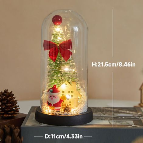 Petit sapin miniature lumineux sous dôme à neige artificielle, décoration de Noël, figurine de table style verre (1/4)