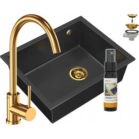 Évier de cuisine en granit Salix 56 × 46 cm sous plan noir avec mitigeur et distributeur et siphon (1/5)