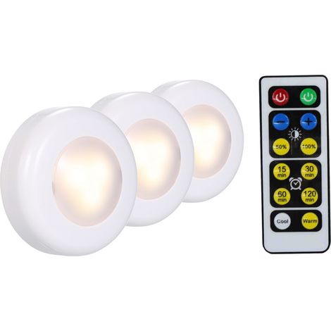 Set aus 3 runden LED-Leuchten zur Platzierung unter Möbeln, mit Fernbedienung, einstellbarer Helligkeit, Dimmer und Timer, ideal für Schränke, Regale und Küchen. (1/5)