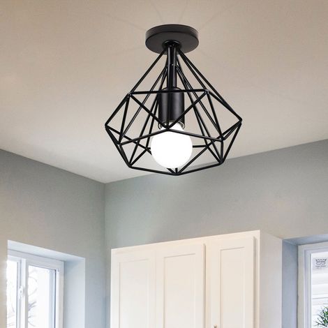 Vintage Ceiling Lights, Metal Hanging Ceiling Lamp with Cage Lampshade, Ø20cm Diamond Chandelier Fixture for Kitchen Island Living Room (Black)
