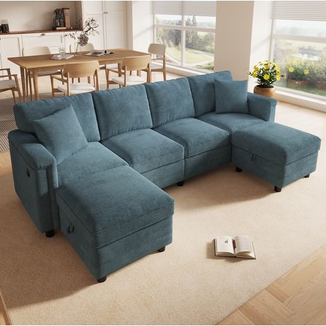 Sofá modular de chenilla 6 plazas en L o U con 2 pufs de almacenaje azul DESVIAE (1/5)