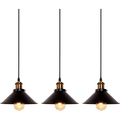 Axhup – Suspension luminaire industrielle vintage 3 abat-jours métal E27 22cm noir – Fer anti-corrosion – Longueur câble 100cm réglable (1/5)