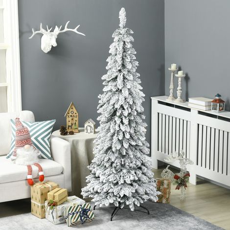 Árbol de Navidad alto y estrecho de 180 cm, cubierto de nieve, con 523 ramas y base de acero. (1/5)