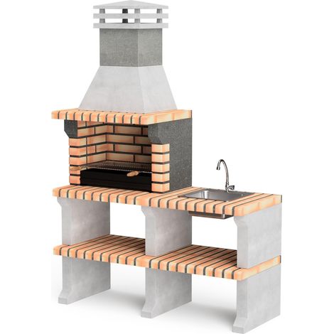 MOVELAR - Barbacoa de Obra Prefabricada de Leña y Carbón Modelo Liz Plus XL con Lavabo y Grifo (Gris, Naranja - 142 x 58 x 210 cm) REF: M00481 - Cocina de Exterior con Fregadero para Jardín y Terraza