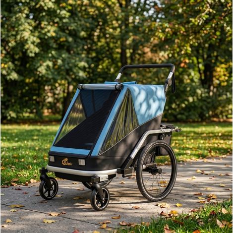 Remorque vélo pour enfants 2 places 2 en 1 pliable, dossier réglable, bleue DESVIAE (1/5)