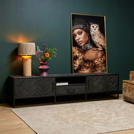 Meuble TV noir en bois 2 portes motif chevron 210 cm ALVERA (1/3)