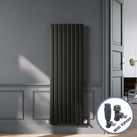 ELEGANT Designer Black Double Panel Vertical Radiator 1600 x 544mm with Anthracite Angled Thermostatic Radiator Valves (1/5)