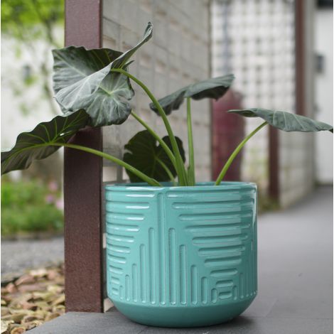 Maceta de cerámica Ø 42 cm, para plantas grandes, esmaltada brillante, relieve geométrico, cerámica, azul cian (1/5)