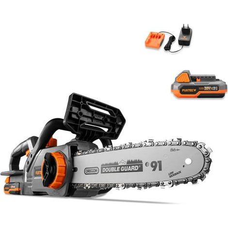 FUXTEC Akku Kettensäge 20V FX-E1KS20 Elektro Motorsäge inklusive 2Ah-Akku und 1A Ladegerät– Schwertlänge 10“, Kettengeschwindigkeit 5 m/s Für Holz- und Gartenarbeiten (1/5)