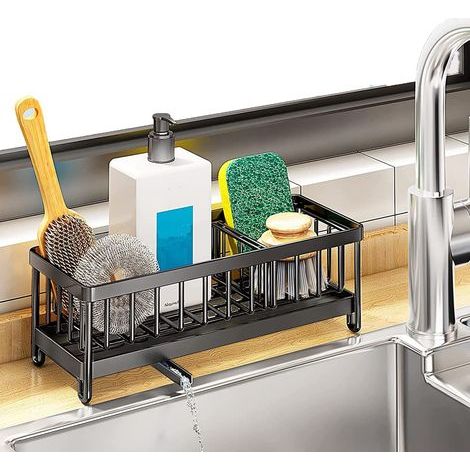 BRAVIX Rangement Cuisine Support Evier 304 Acier Inoxydable Porte Eponge evier Cuisine Multifonctionnel Organisateur evier Cuisine avec bac de vidange Automatique (Noir) (1/4)