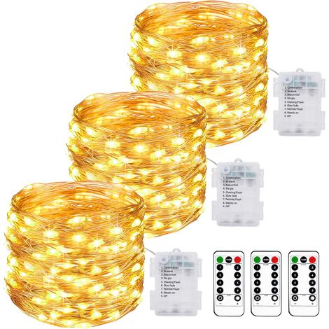 3er-Pack batteriebetriebene Lichterketten, 10 m, 100 LEDs, batteriebetriebene LED-Lichterkette mit Fernbedienung, 8 Modi, Timerfunktion, IP65, wasserdicht, Lichtdraht, Dekoration für drinnen und drauß