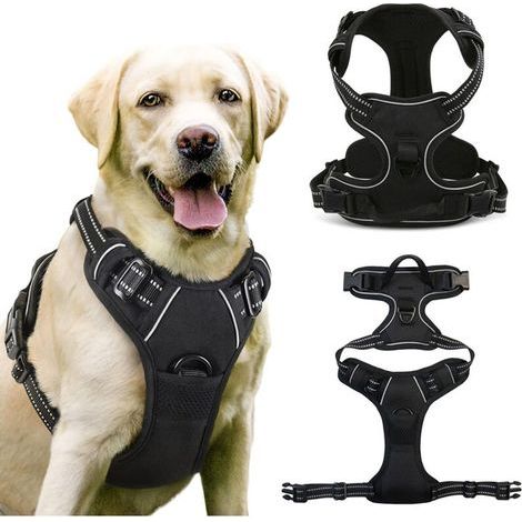 Dog Harness, Reflective Breathable No-Pull Dog Harness with Front Attachment and Safety Control Handle, Harness for Medium Dogs, Black, M (1/4)