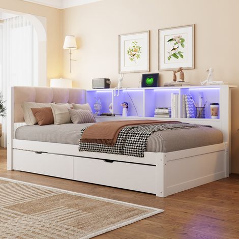 Cama infantil 90x200 cm - Cama individual - Con 2 cajones - Con estante - Con LED, USB - En madera - Blanco (1/5)