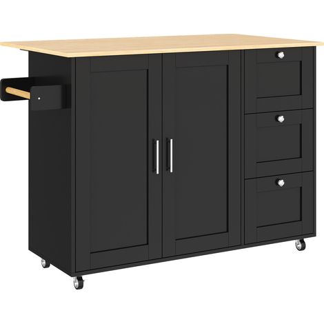 Îlot de cuisine mobile en chêne, plan de travail pliable, 3 tiroirs et 2 portes, roulettes avec freins, L135xP44(70)xH90 cm (1/5)