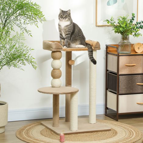 Arbre Gratter Chats Rampe Tour Plateforme Poteaux Billes Lit Animaux Compagnie Marron 56x54x86cm