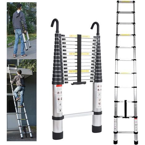Échelle Télescopique, Échelle Escamotable, 5 Mètre Échelle Télescopique en Aluminium Échelle de Grenier avec Crochets de Toit Extension Ladder Couleur d'origine Argent - 150kg Charge Maximale (1/5)
