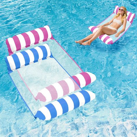 Pool-Schwimmhilfen für Erwachsene – Verbesserte aufblasbare Netz-Schwimminseln, 4-in-1 multifunktionale Pool-Schwimmhilfe, Wasserhängematte, Party-Schwimmhilfe, mehrfarbig blau + rosa