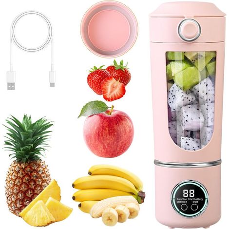 Mixeur Portable 700ml, Blender Personnel Rechargeable USB avec 12 Lames en Acier Inoxydable, Gobelet de Voyage Sans BPA avec Couvercle, Rose pour Smoothies, Voyage, Bureau et Sport (1/5)