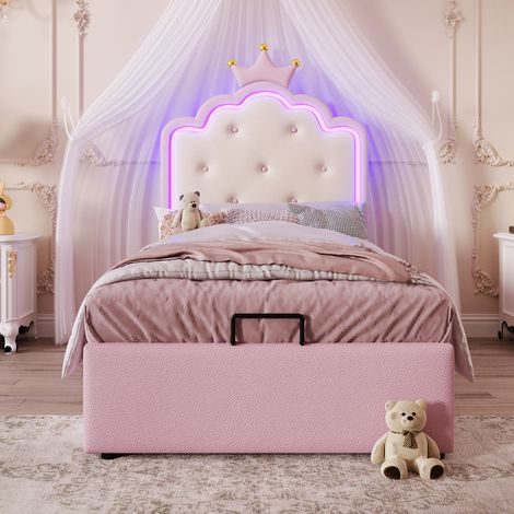 MEUBLIV Lit 90x200 cm rose – tête de lit couronne, LED et rangement hydraulique, sans matelas (1/5)