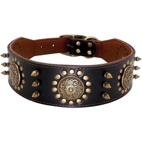 Collier en cuir véritable - Pitbull - Durable - Clouté - Noir - Grand (XL) (1/4)