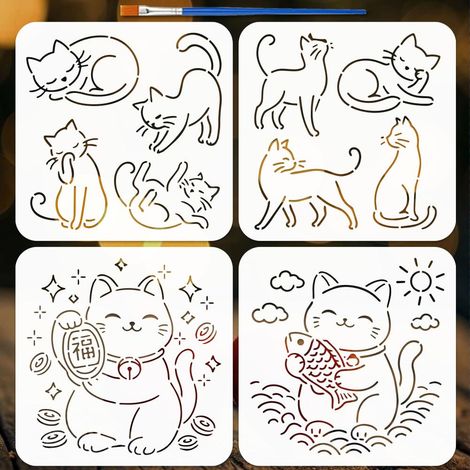 4 Pièces Pochoirs de Motif Chat avec un Pinceau 20x20cm Pochoir de Peinture Animal Gabarit de Broderie Sashiko PET Thèmes PET pour Peinture sur Bois Sol Carrelage Mur Tissu Meuble DIY (1/5)