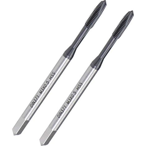 Lot de 2 tarauds filetés à pointe spirale M3 x 0,5 mm, pour filetage traversant, acier rapide H2, finition revêtue TICN, tige ronde avec extrémité carrée, foret métrique, tarauds (1/5)